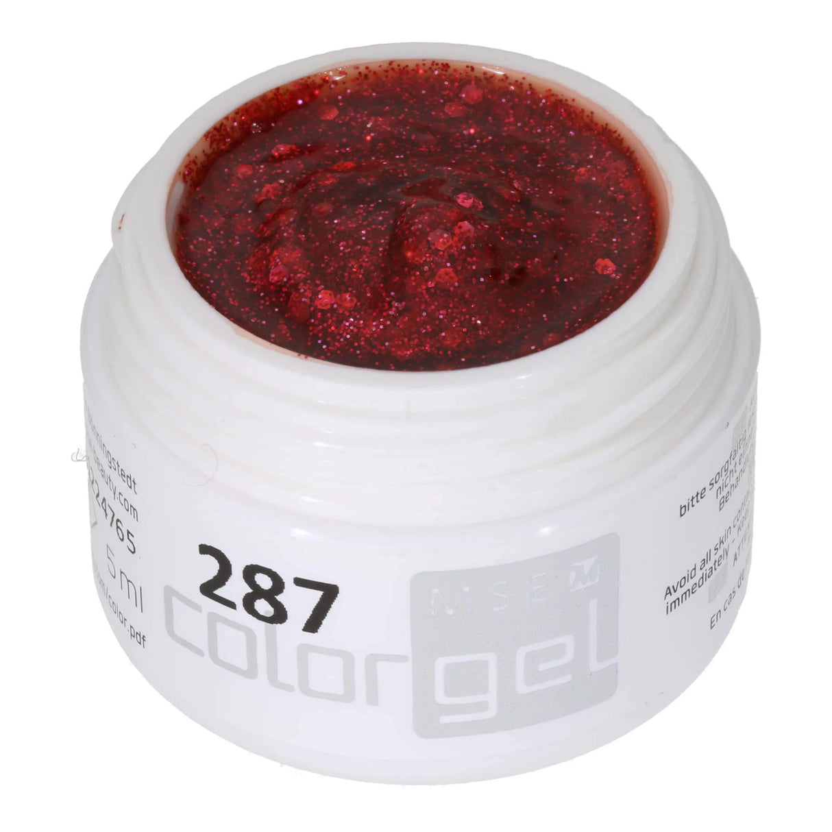 #287 <<<<< t60>59>52>48>5>remium-GLITTER Color Gel 5ml Klares Gel mit rotem Glitter in unterschiedlichen Grössen