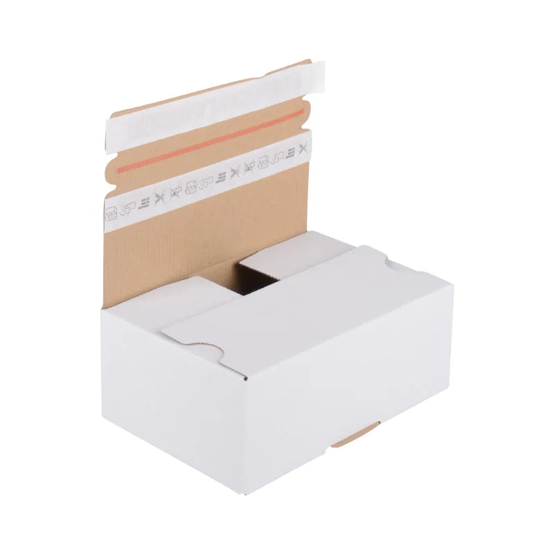 20x Automatikbodenkarton 210 × 140 × 80 mm – Weiß, mit 2 Selbstklebestreifen & Aufreißfaden