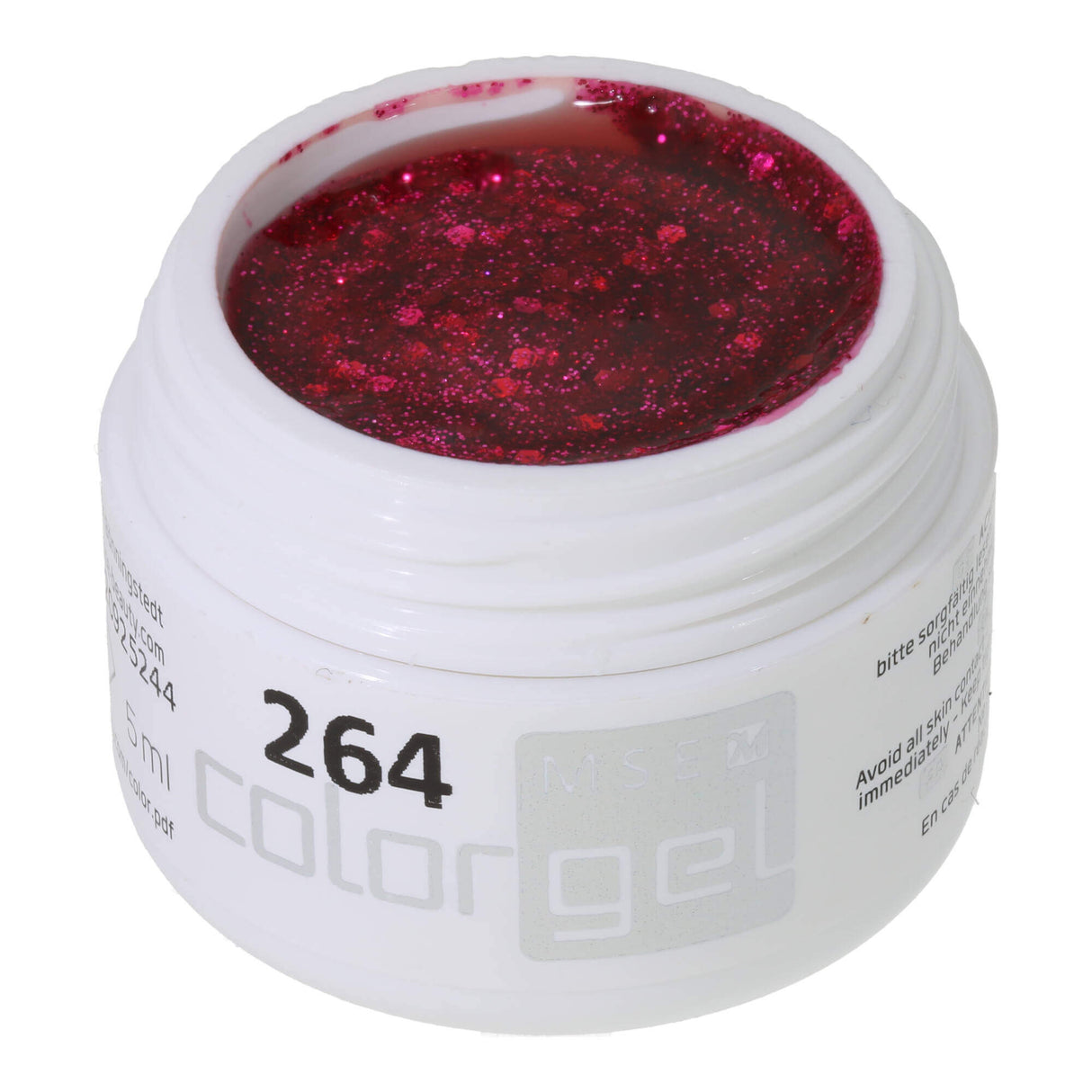 # 264 Premium-GLITTER Color Gel 5ml Pink-colored gel with pink-colored glitter and large, light-red glitter particles