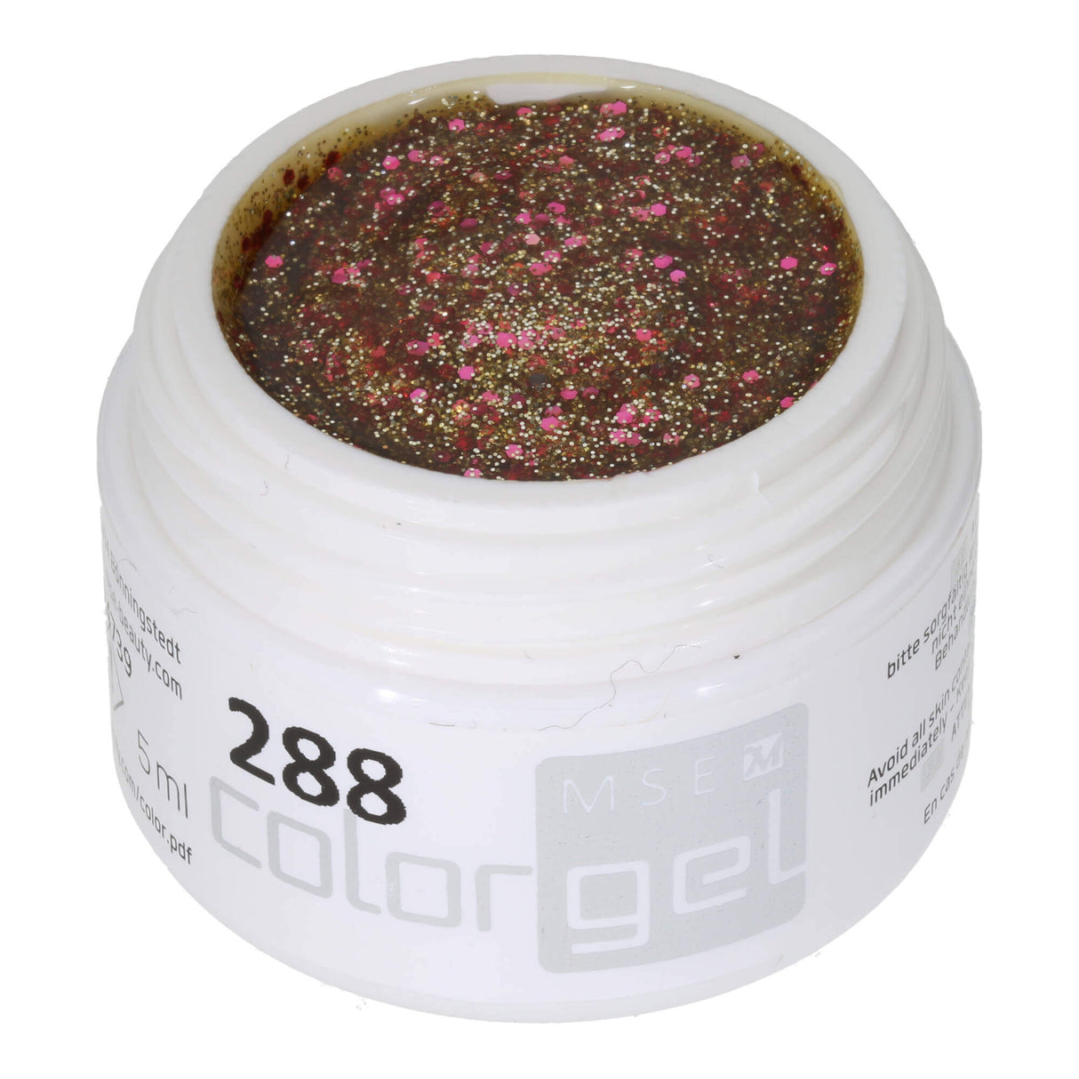 # 288 Premium-GLITTER Color Gel 5ml Chất gel trong suốt với ánh cam lấp lánh nổi bật với kim tuyến màu hồng thô và những sợi kim tuyến màu đồng